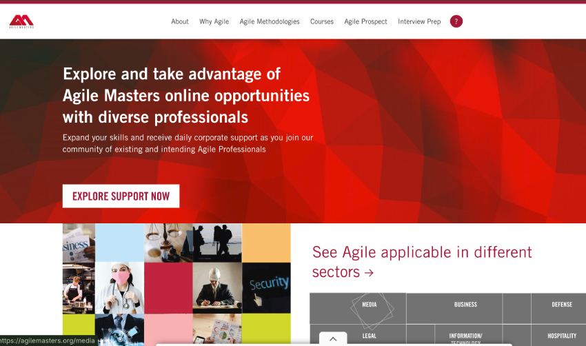 Agile Masters website — homepage hero and navigation